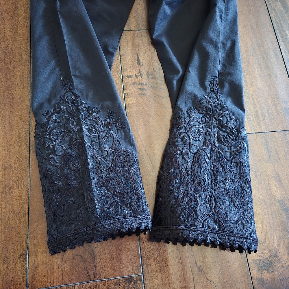 Women's Baroque Embroidered Black Cotton Casual Straight Pants Size Medium - Picture 7 of 7